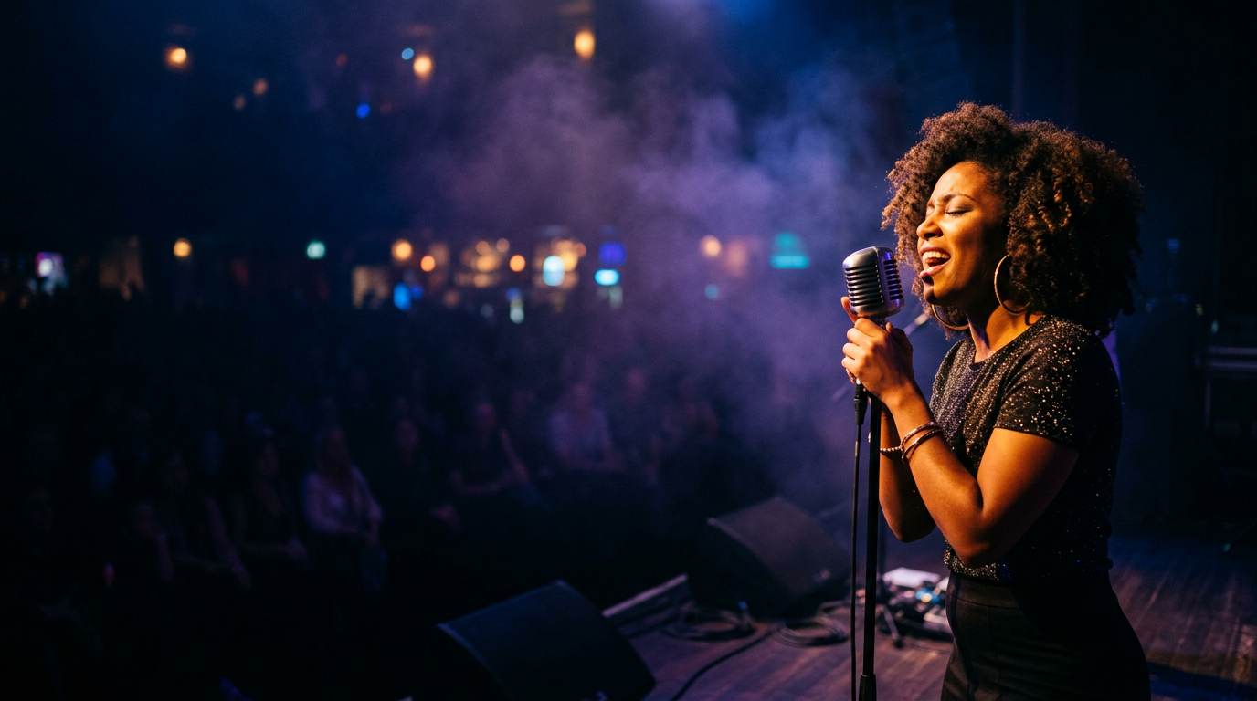 Singer performing passionately into a microphone under golden stage lights